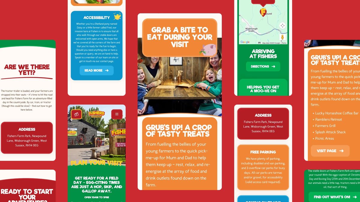A selection of mobile phone screenshots from the Fishers Farm website on a red background