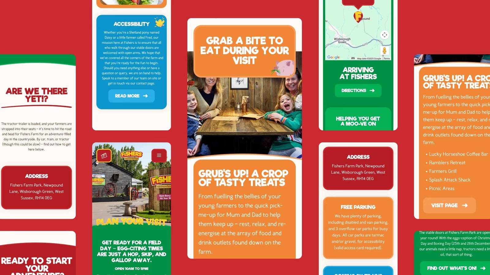 A selection of mobile phone screenshots from the Fishers Farm website on a red background