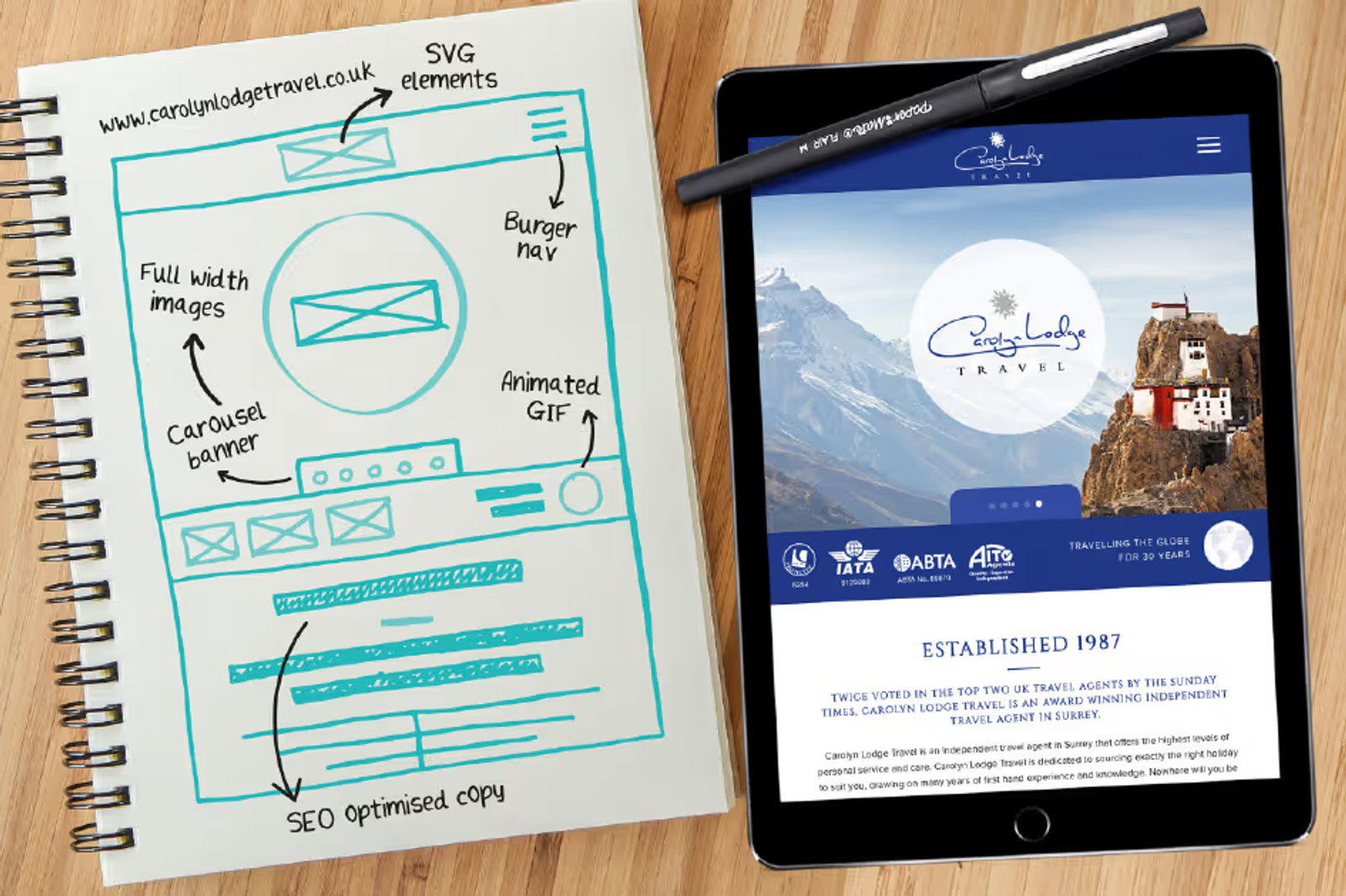 The Carolyn lodge website displayed on tablet next to a notebook of the initial wireframe sketches