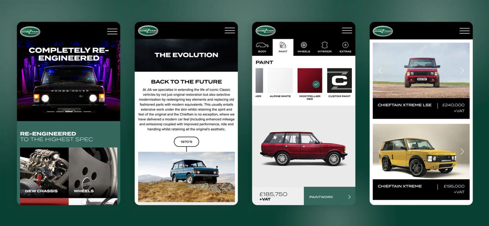 Four phone screens showing the Chieftain website, including the re-engineered features page, evolution story, paint configurator and other Chieftain models