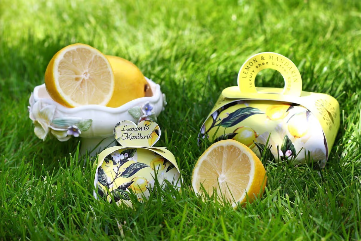 Bars of soap and lemons arranged on top of grass