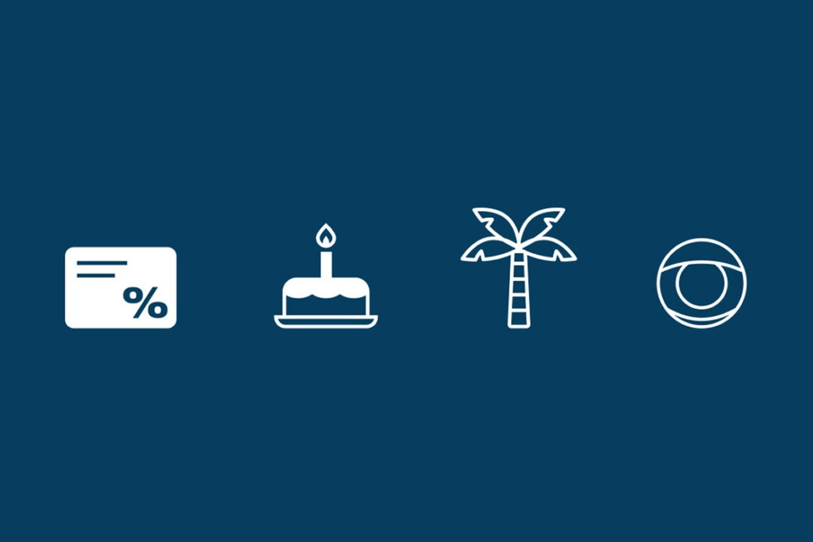 Four white outline icons on dark blue: discount card, birthday cake, palm tree, and an eye-style icon
