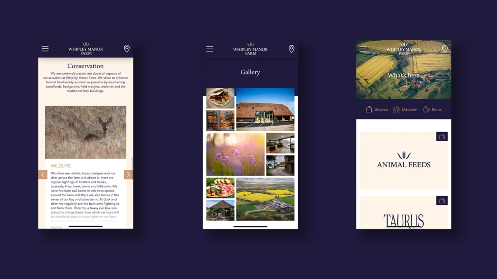 Three mobile phone screens showing the Whipley Manor Farm website, including conservation, gallery and What's Here sections.