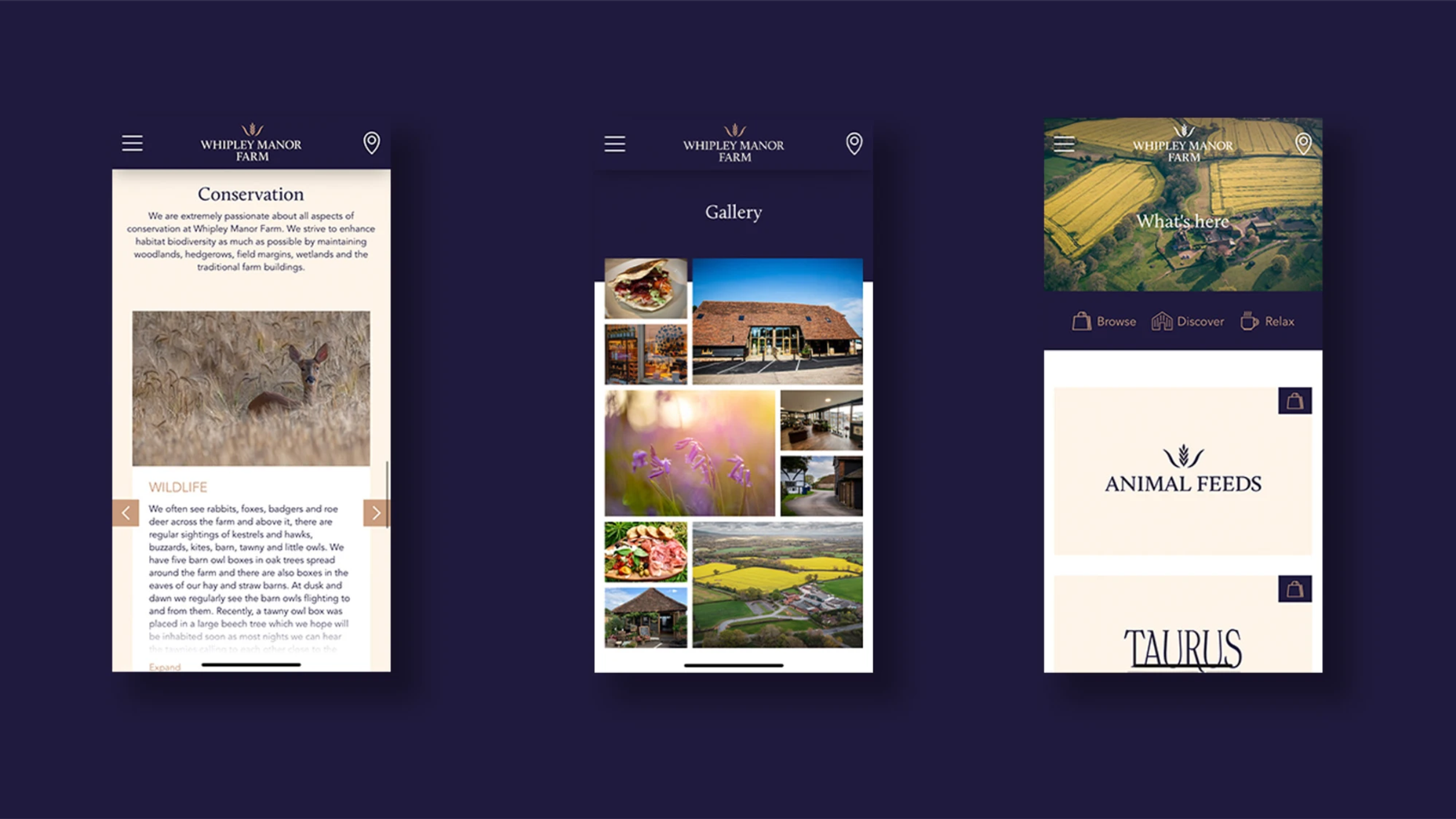Three mobile phone screens showing the Whipley Manor Farm website, including conservation, gallery and What's Here sections.