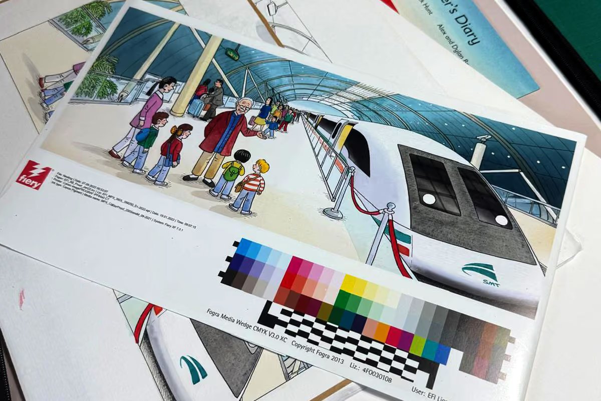 Printed proof of an Alex Brychta illustration showing a family boarding a futuristic high-speed train