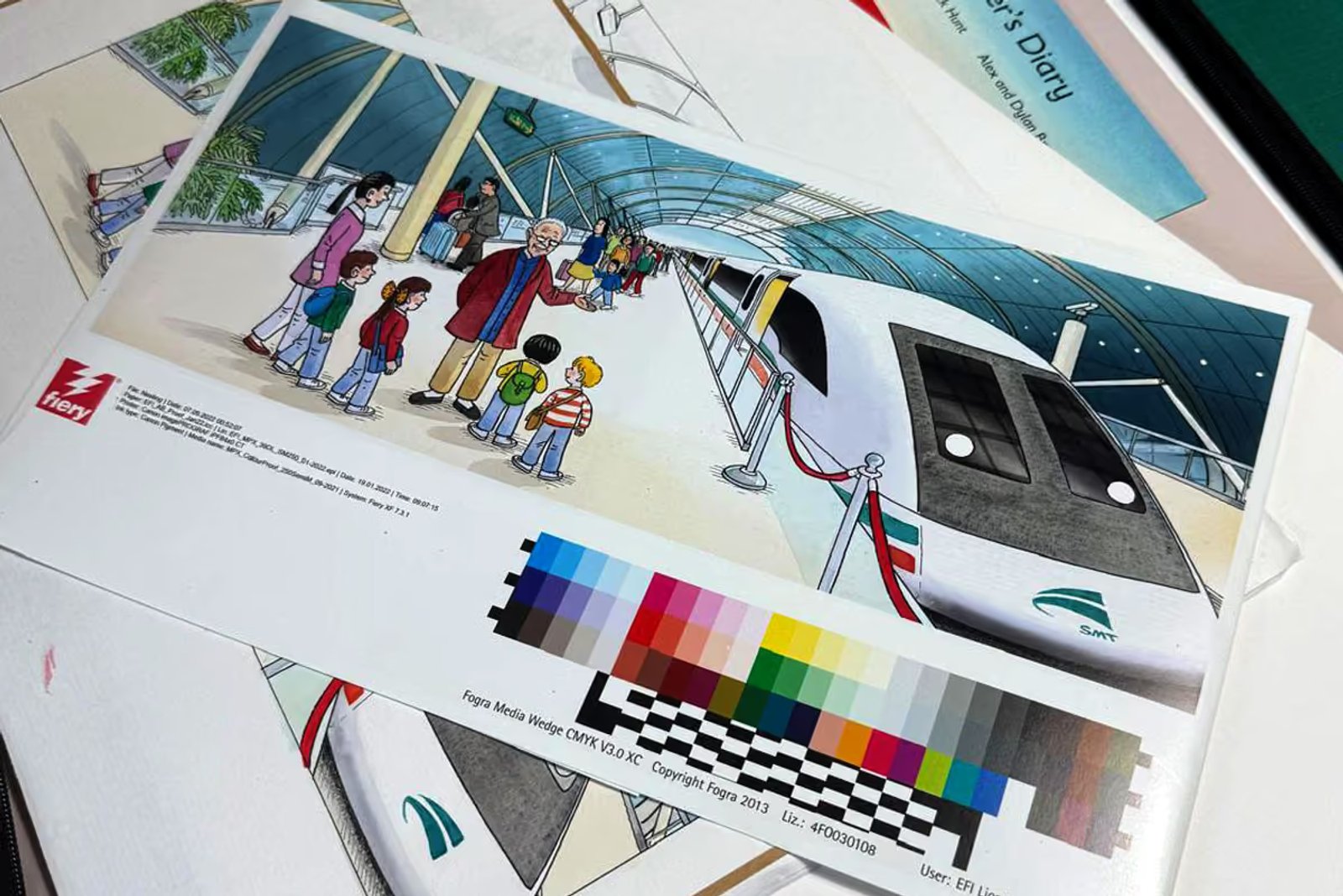 Printed proof of an Alex Brychta illustration showing a family boarding a futuristic high-speed train