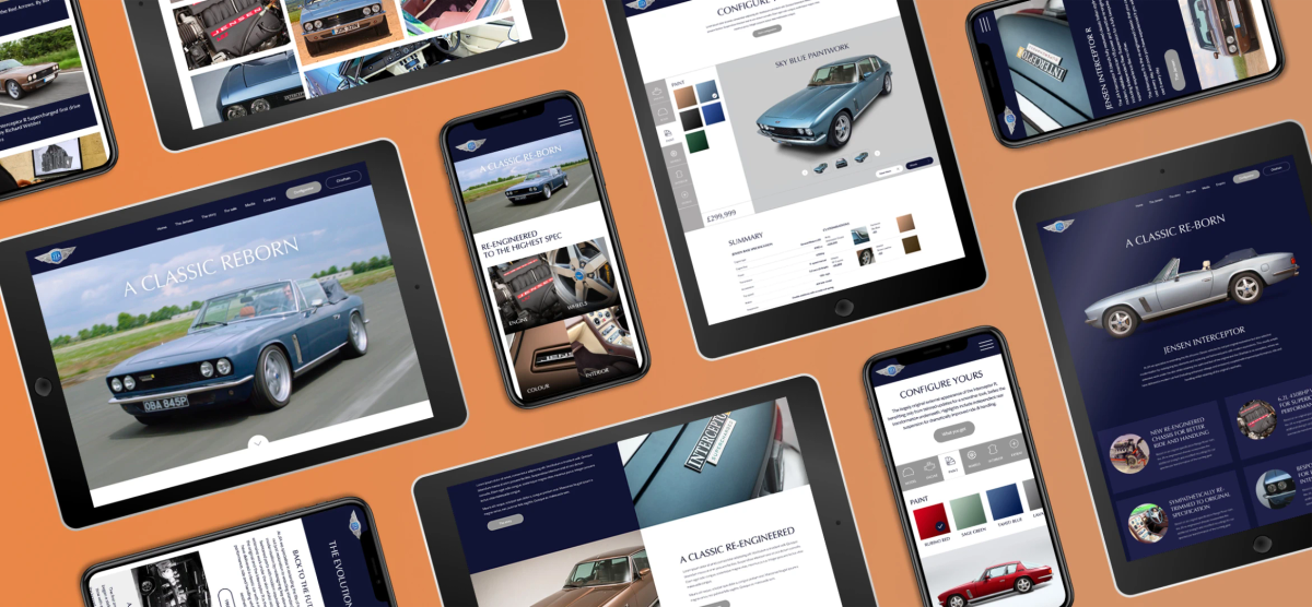The JIA Jensen website displayed across multiple tablet and mobile screens, showing the car configurator, archive gallery, and 'A Classic Re-Born' homepage