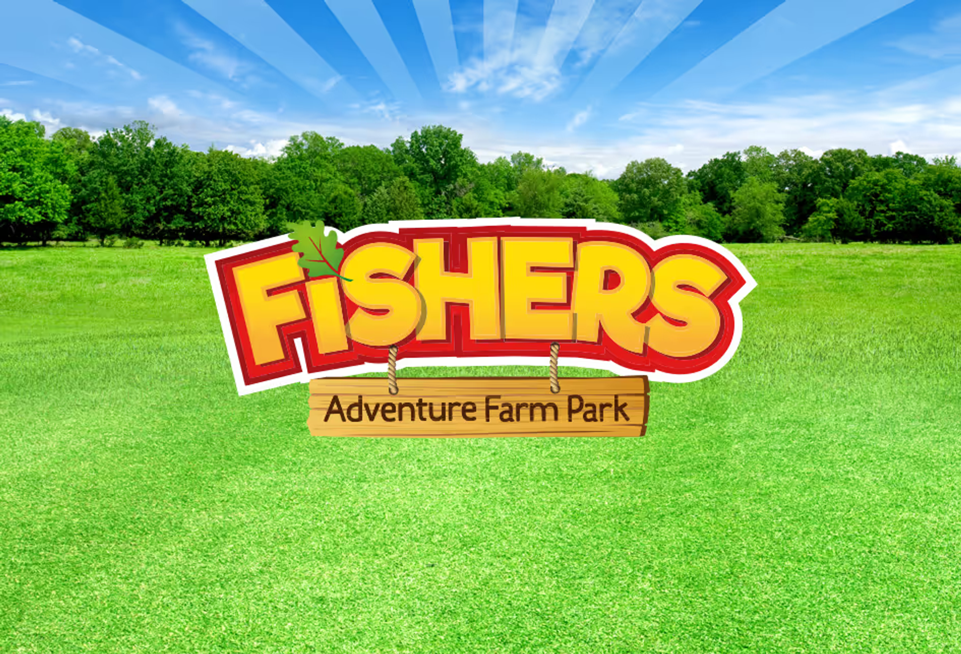The Fishers Farm logo overlaid on a freshly cut meadow with trees in the background