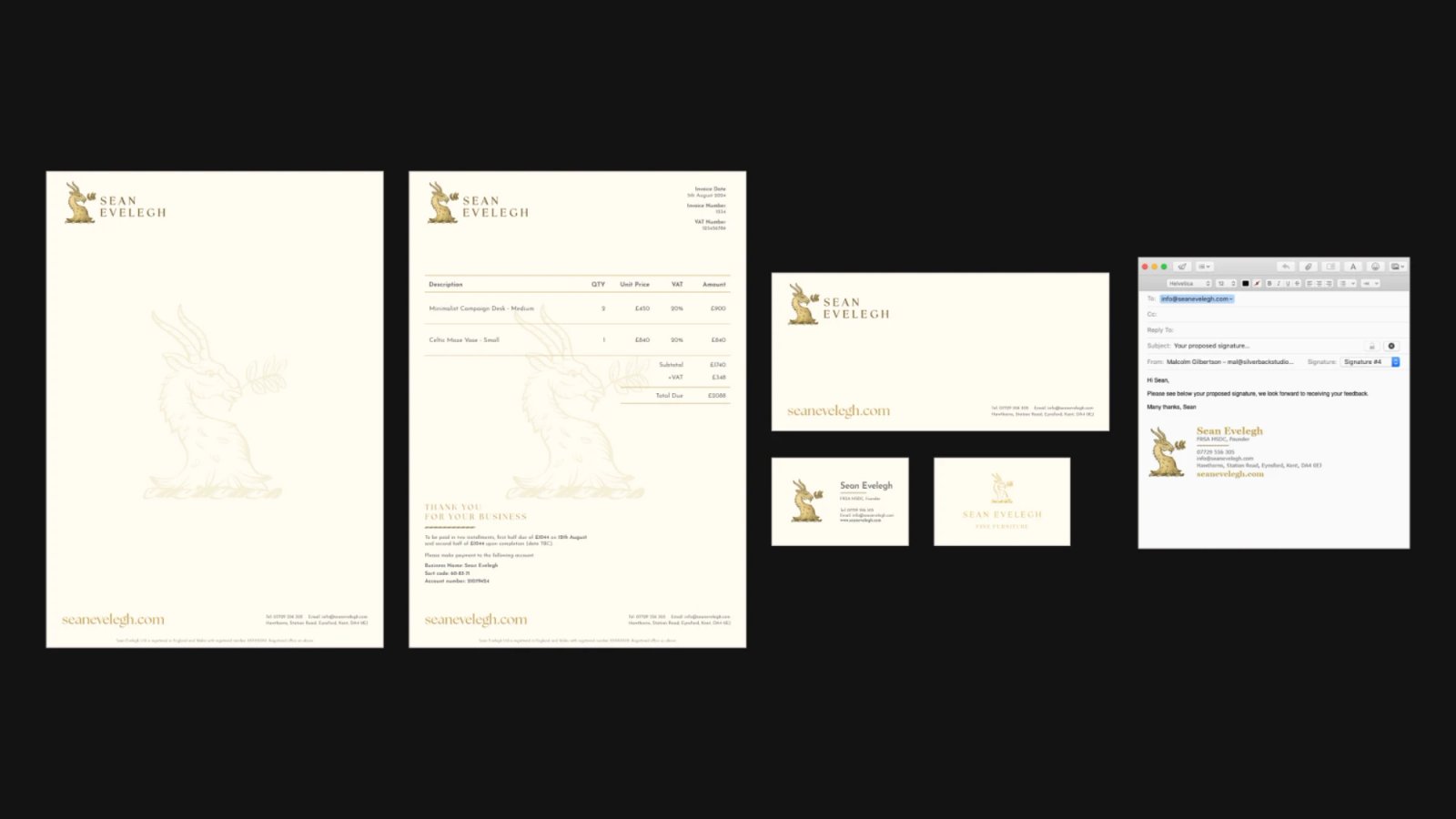 A Sean Evelegh branded stationery set, including letterhead, envelopes and business cards