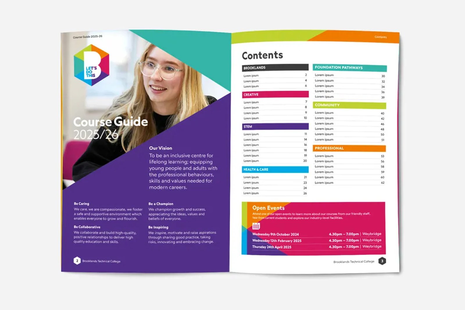 An open brochure in bright Brooklands colours that says 'course guide 2025/26'