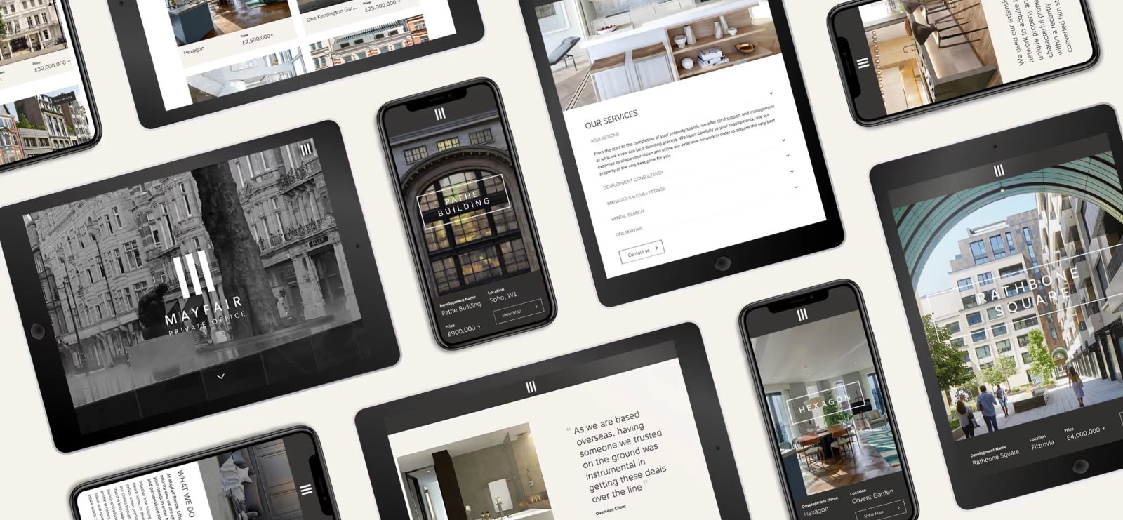 A collage of laptop, tablet and phone mockups showing the Mayfair Private Office website, including property listings, services and case studies