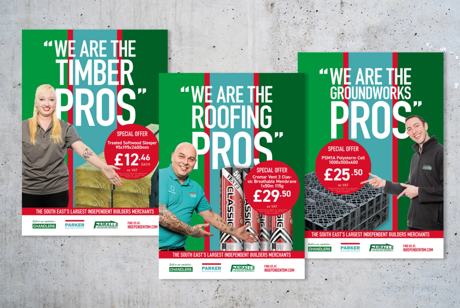 Three 'We are the pros' posters for timber, roofing and groundworks, each featuring a staff member pointing to a special offer product