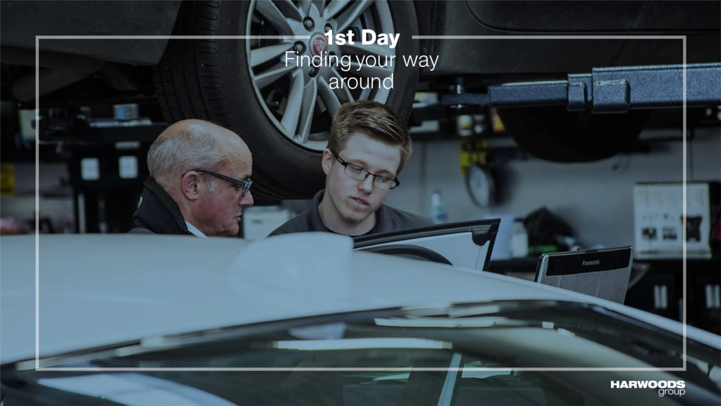 Audi technician inspecting an open car bonnet, with '1st Week: Understand what is expected' overlay text