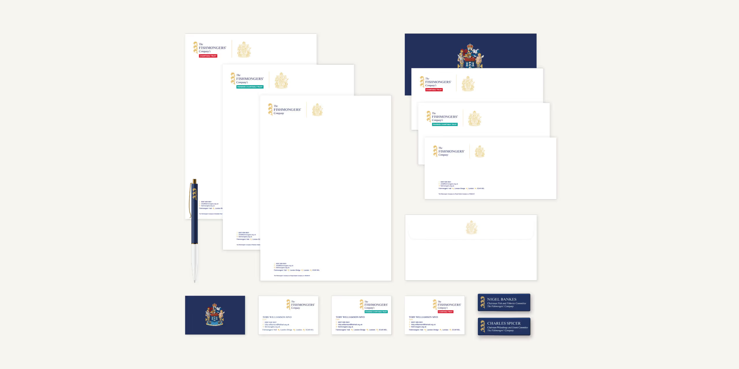 Various Fishmongers' branded stationary, including business cards and letterheads