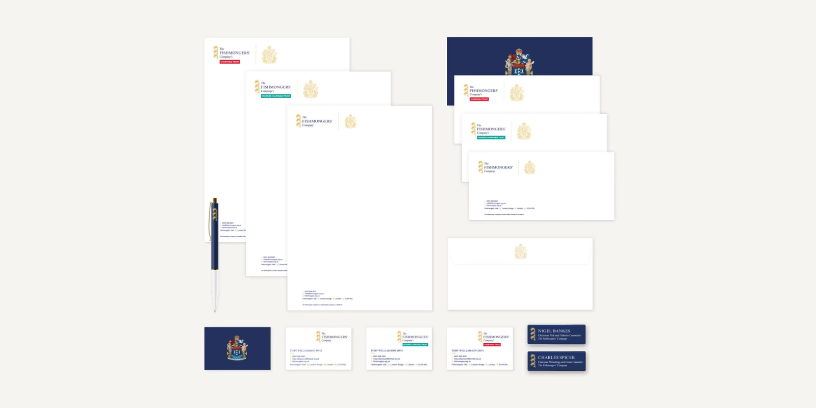 Various Fishmongers' branded stationary, including business cards and letterheads