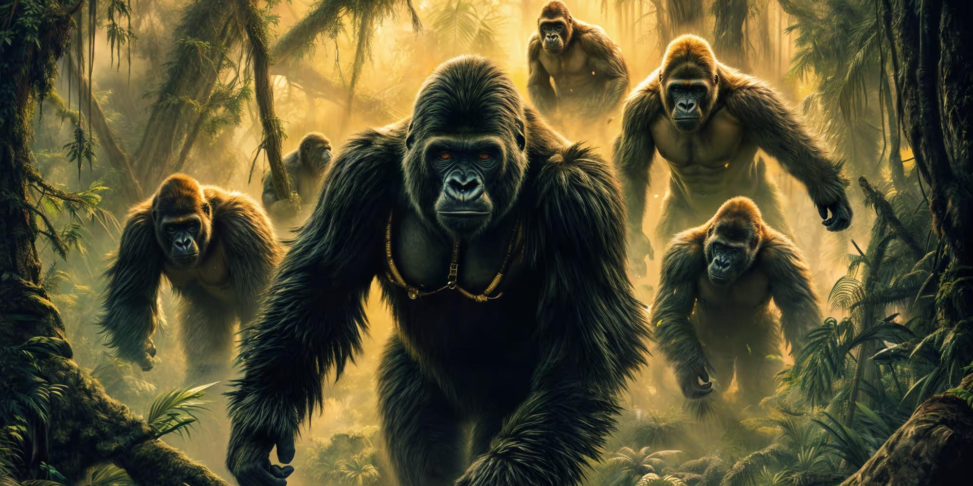 A group of Gorillas walk through the jungle