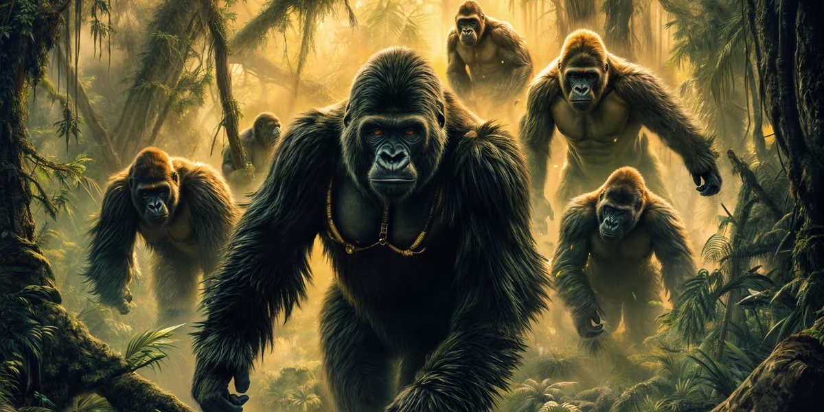 A group of Gorillas walk through the jungle