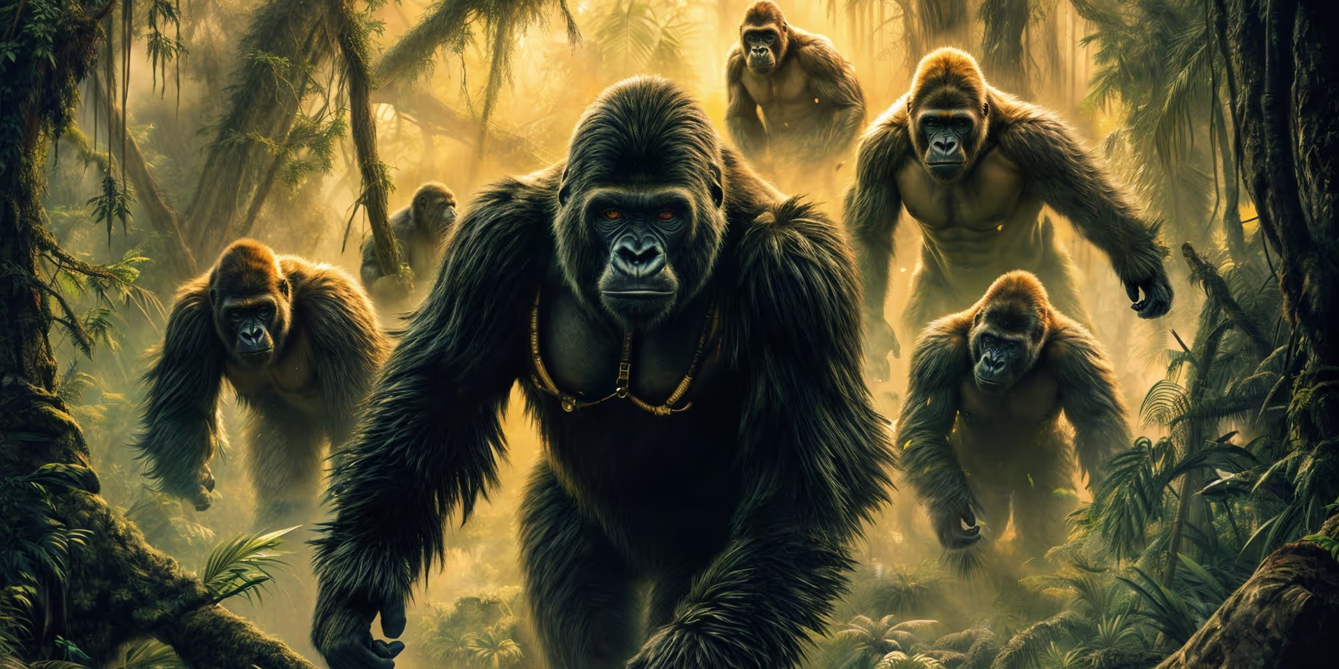 A group of Gorillas walk through the jungle