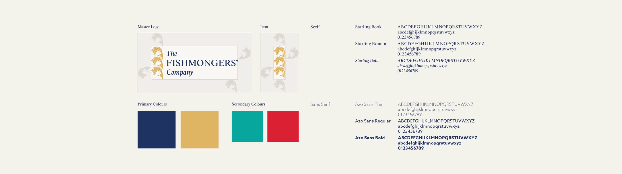 The Fishmongers' visual identity system featuring colours and fonts