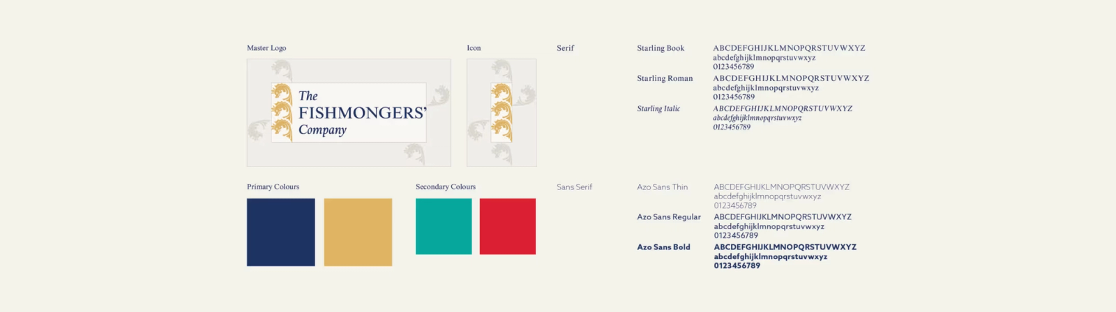 The Fishmongers' visual identity system featuring colours and fonts