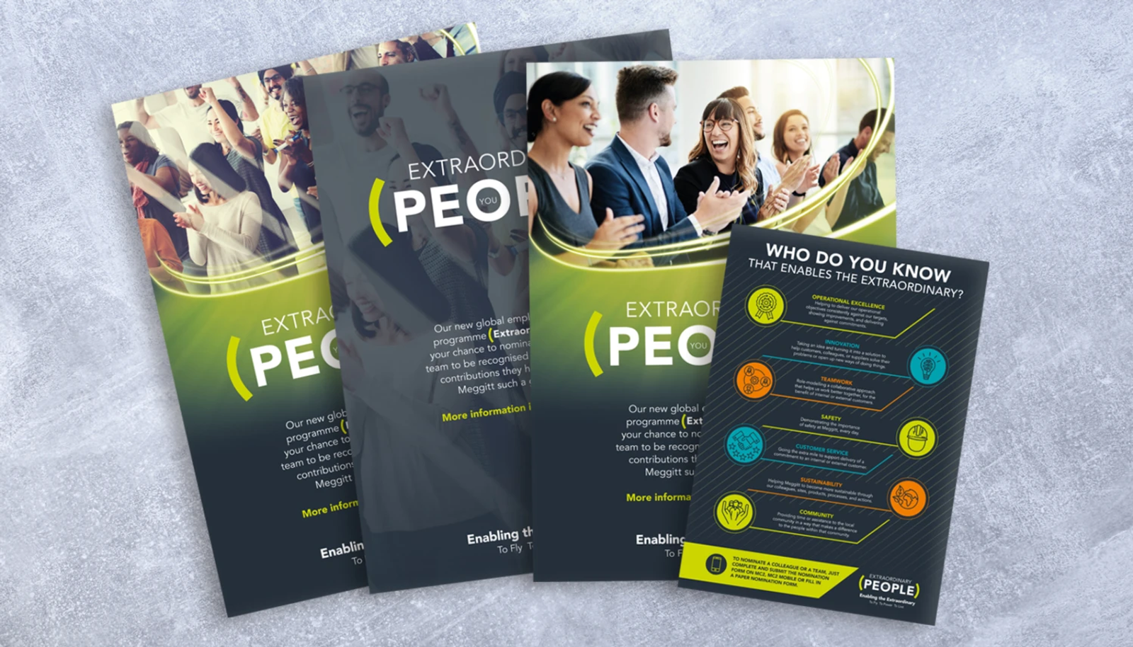 Four Extraordinary People brochure covers fanned out on a grey background, three showing crowds celebrating and one showing an infographic of nomination categories