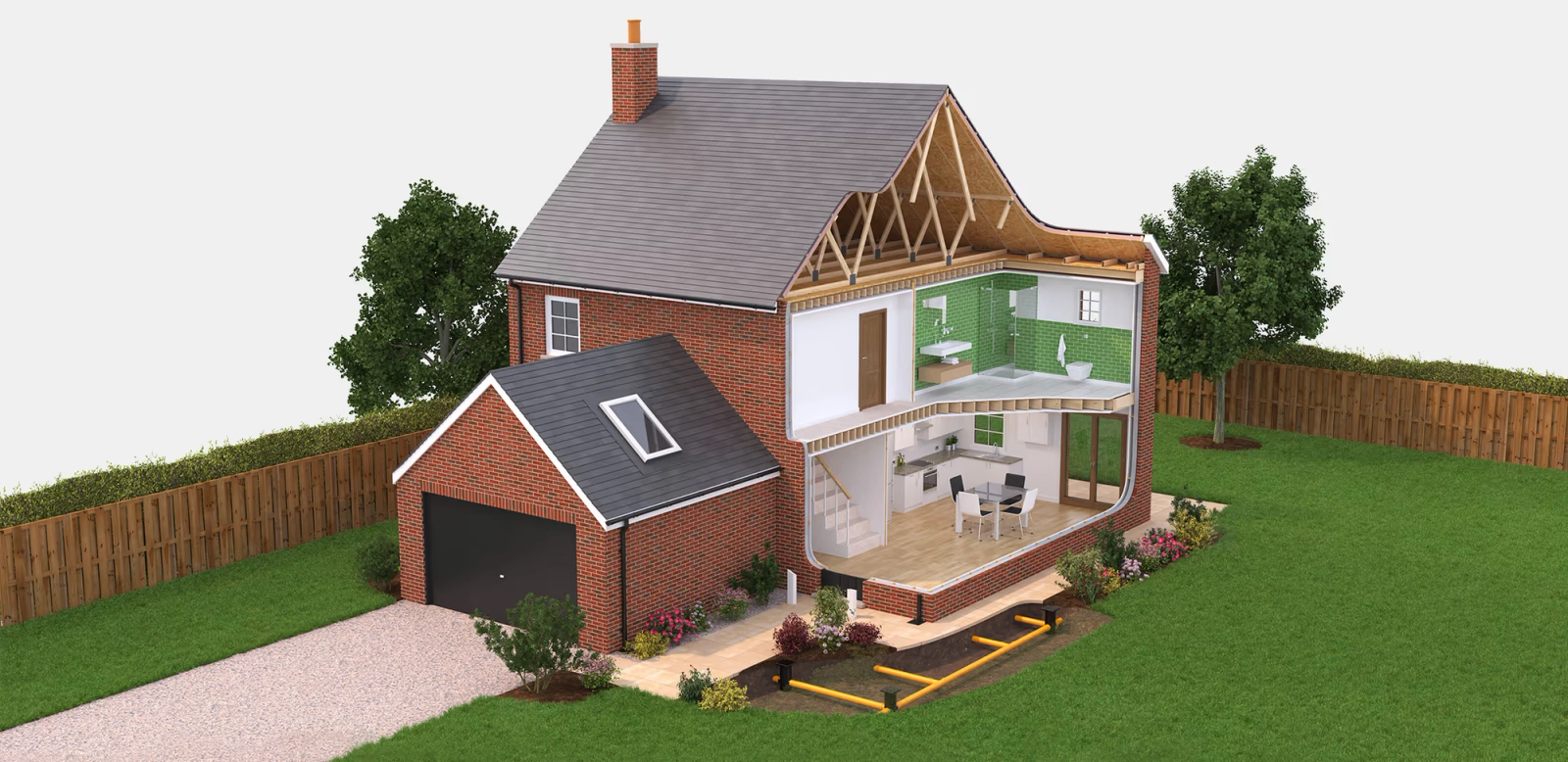 A 3D rendered house and garden