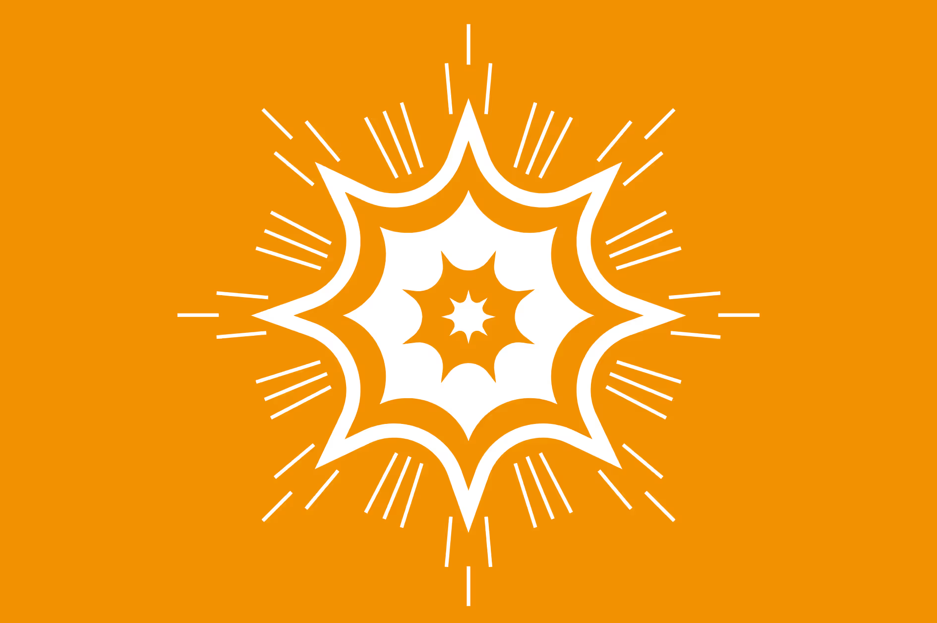 An illustration of a firework like explosion in white on an orange background