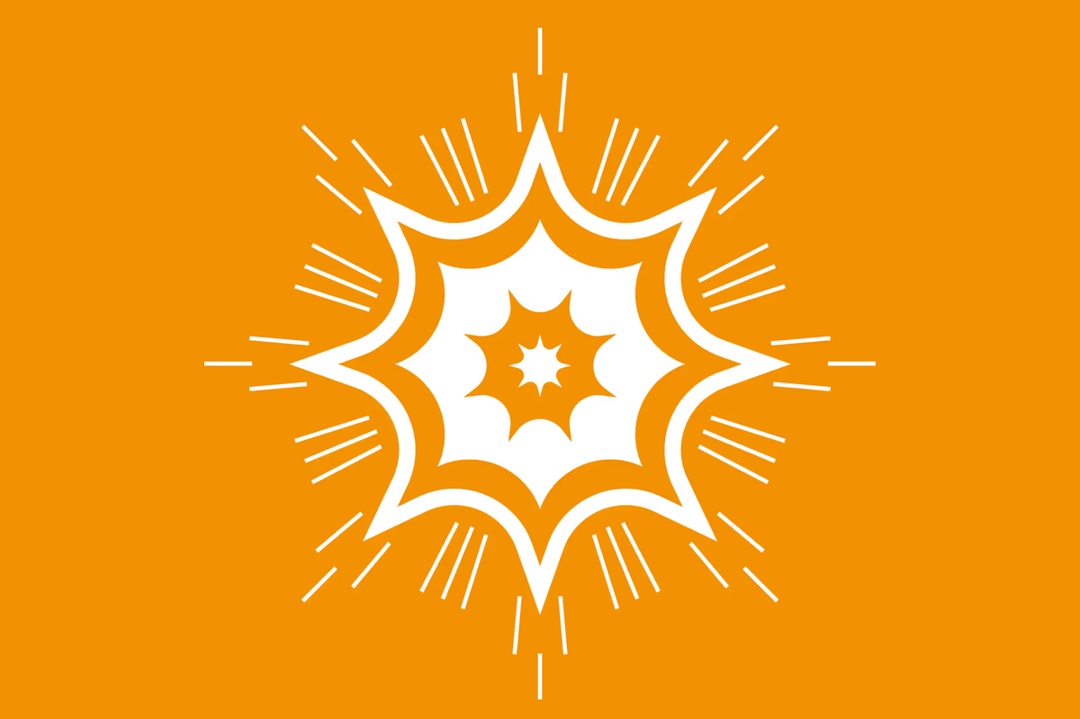 An illustration of a firework like explosion in white on an orange background