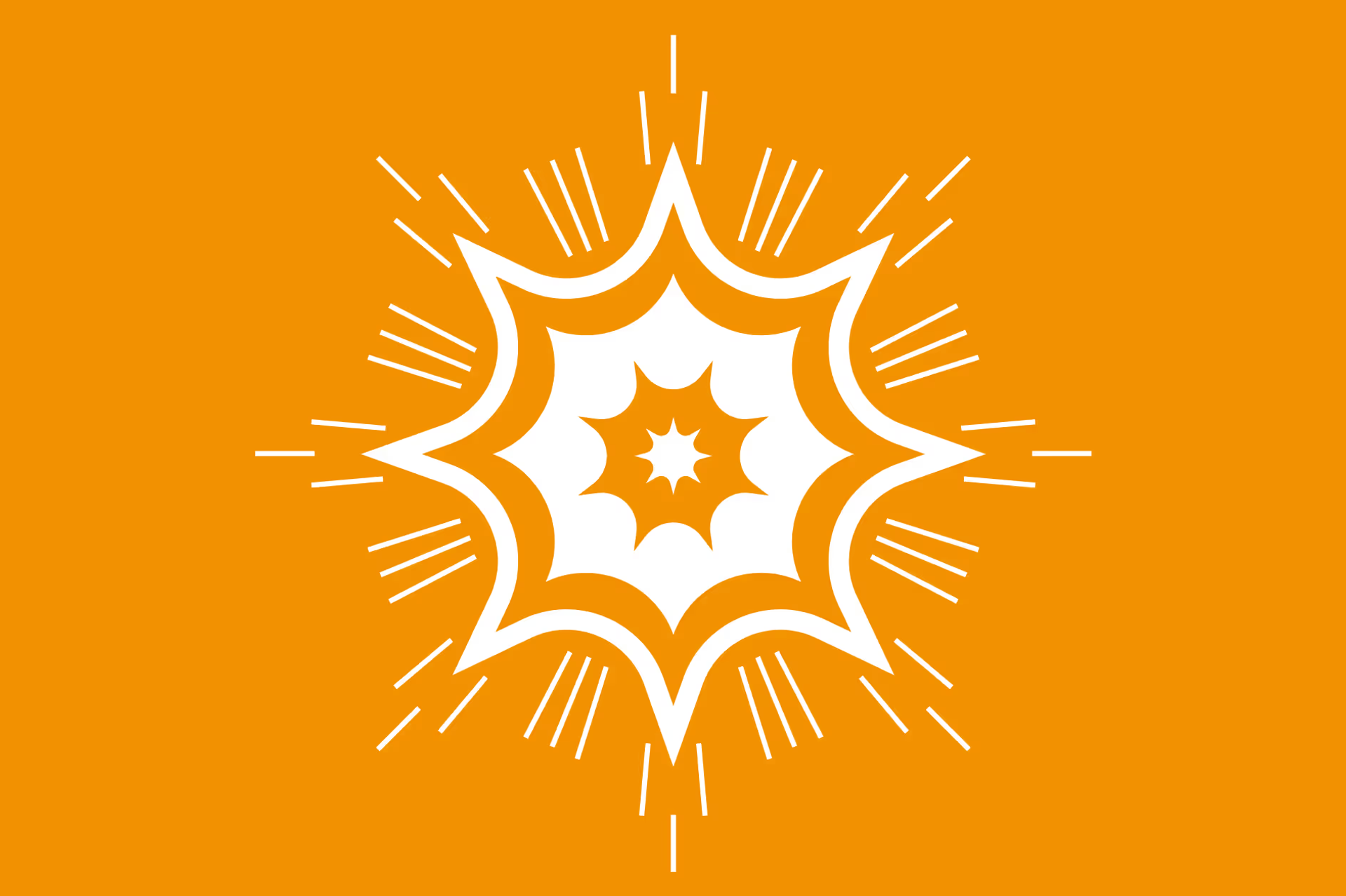 An illustration of a firework like explosion in white on an orange background