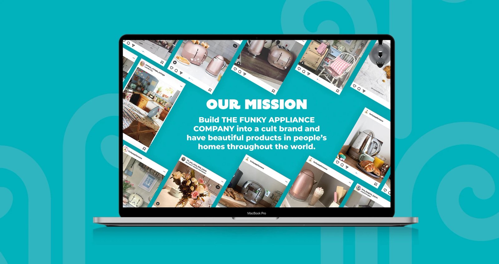 Laptop screen showing The Funky Appliance Company's mission statement surrounded by a collage of customer Instagram photos