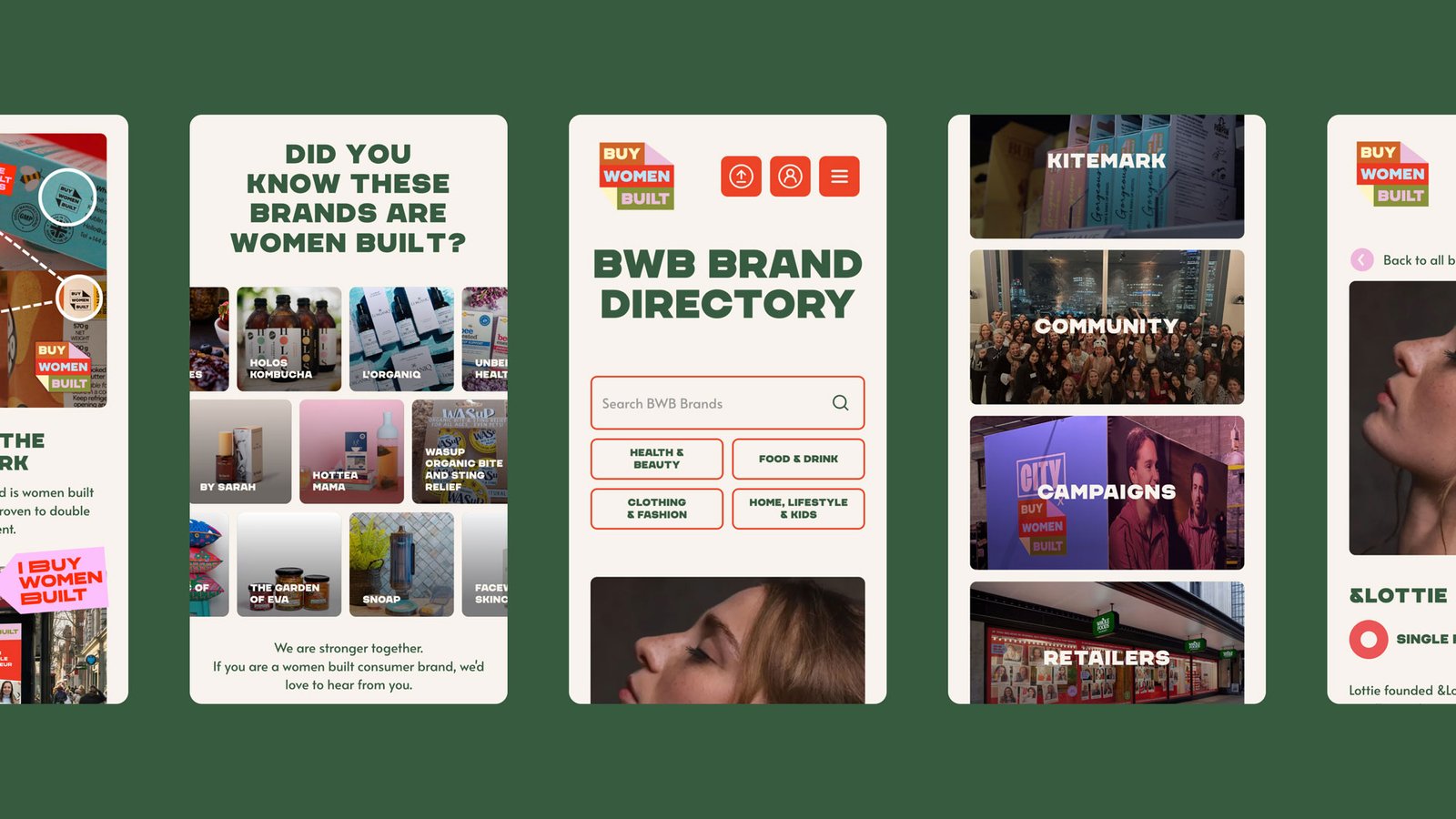 Collage of mobile screens from the Buy Women Built website
