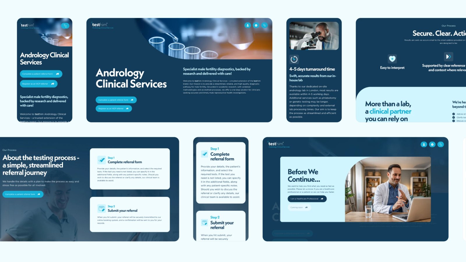 A collage grid of screenshots from the Testhim website
