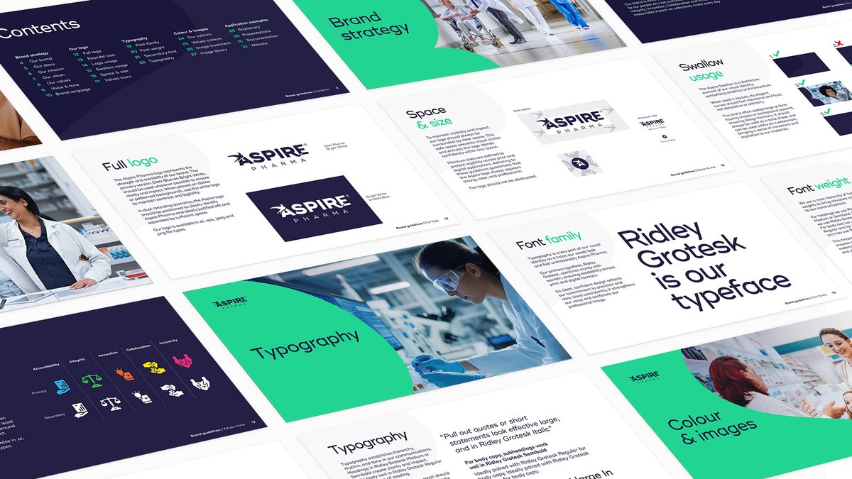 A grid of brand guidelines pages