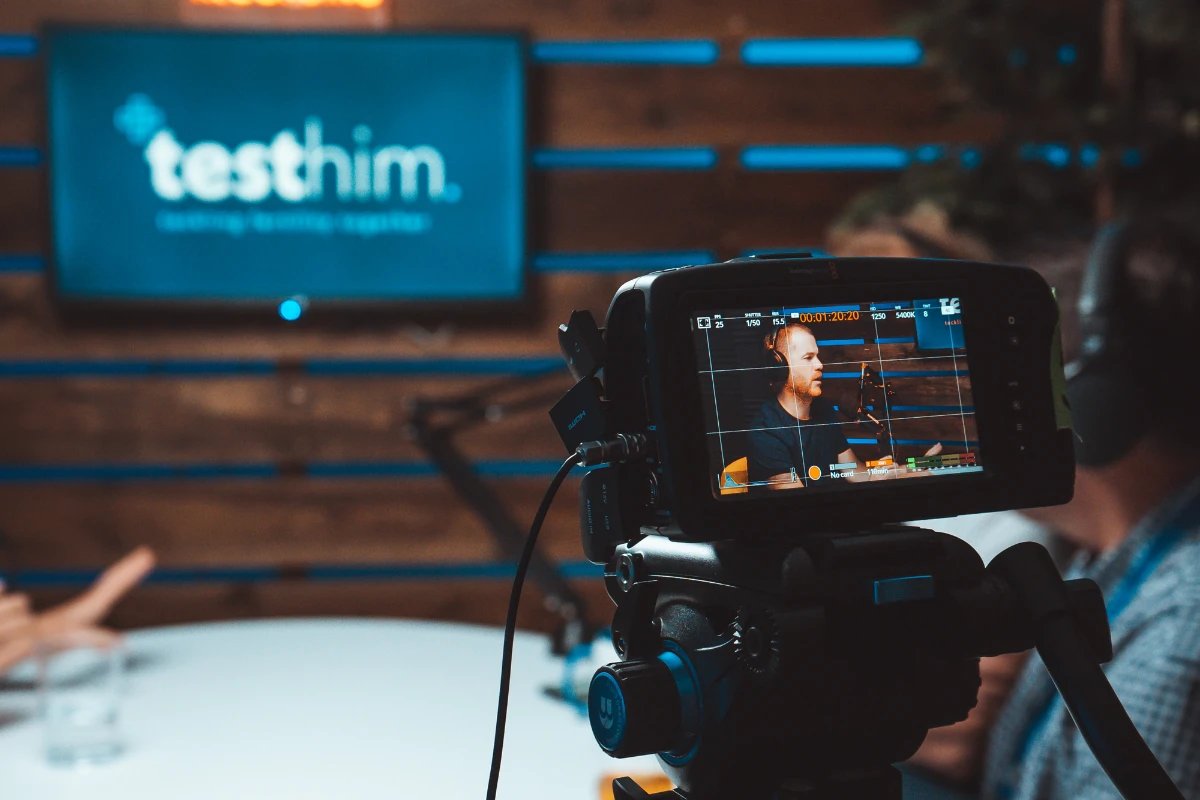 A camera filming the Testhim podcast