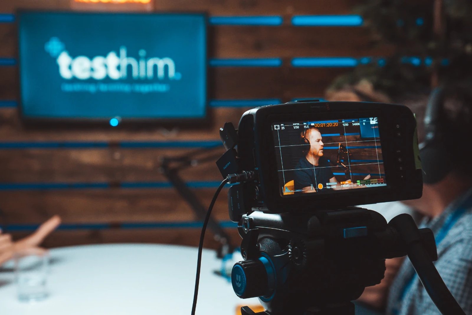A camera filming the Testhim podcast