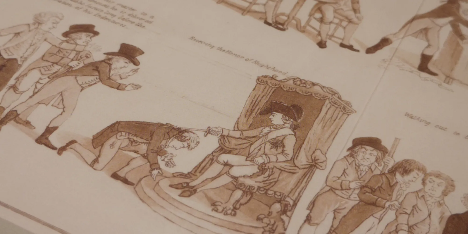 Detailed illustrations of someone at a royal ceremony receiving a knighthood in one colour