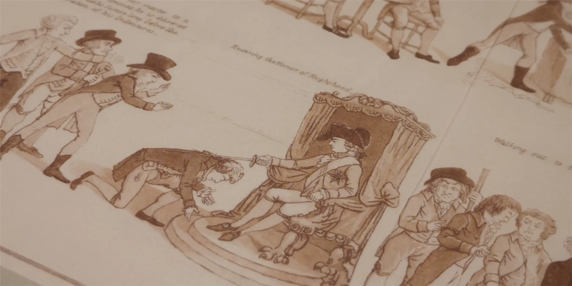 Detailed illustrations of someone at a royal ceremony receiving a knighthood in one colour