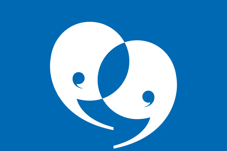 Two large speech marks in white on a blue background