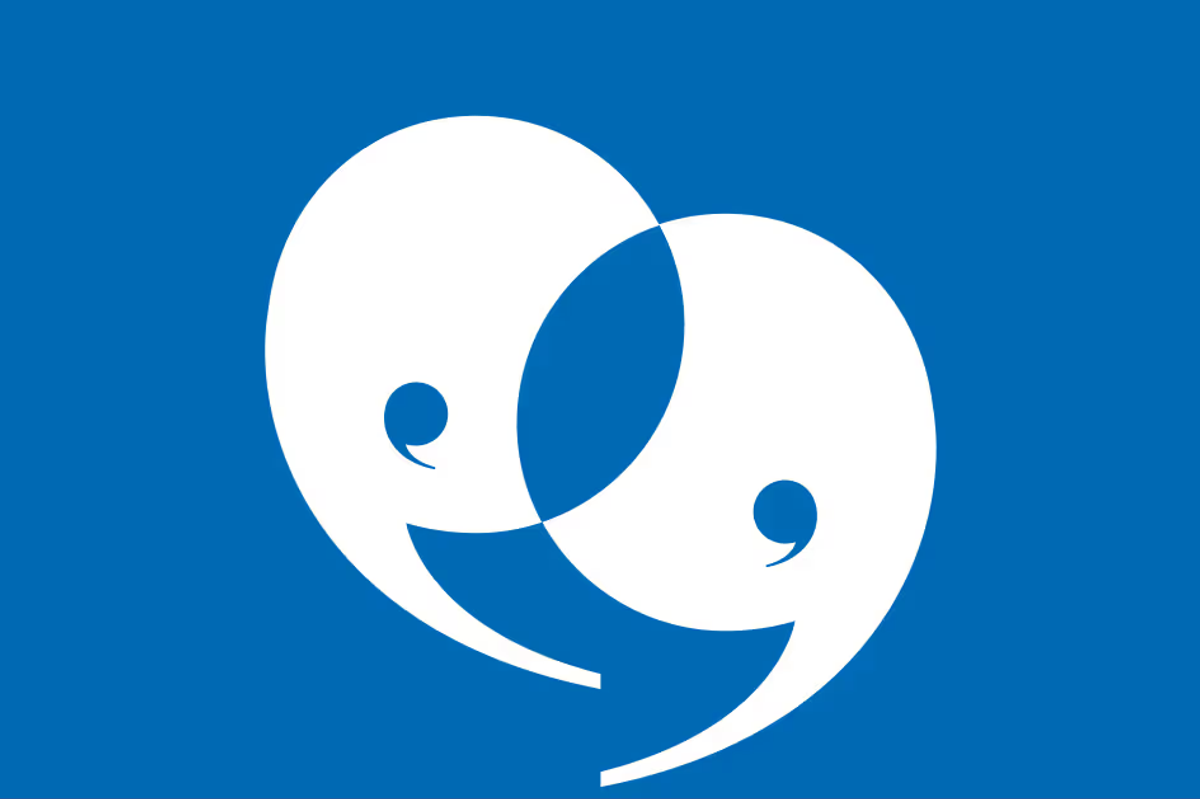 Two large speech marks in white on a blue background