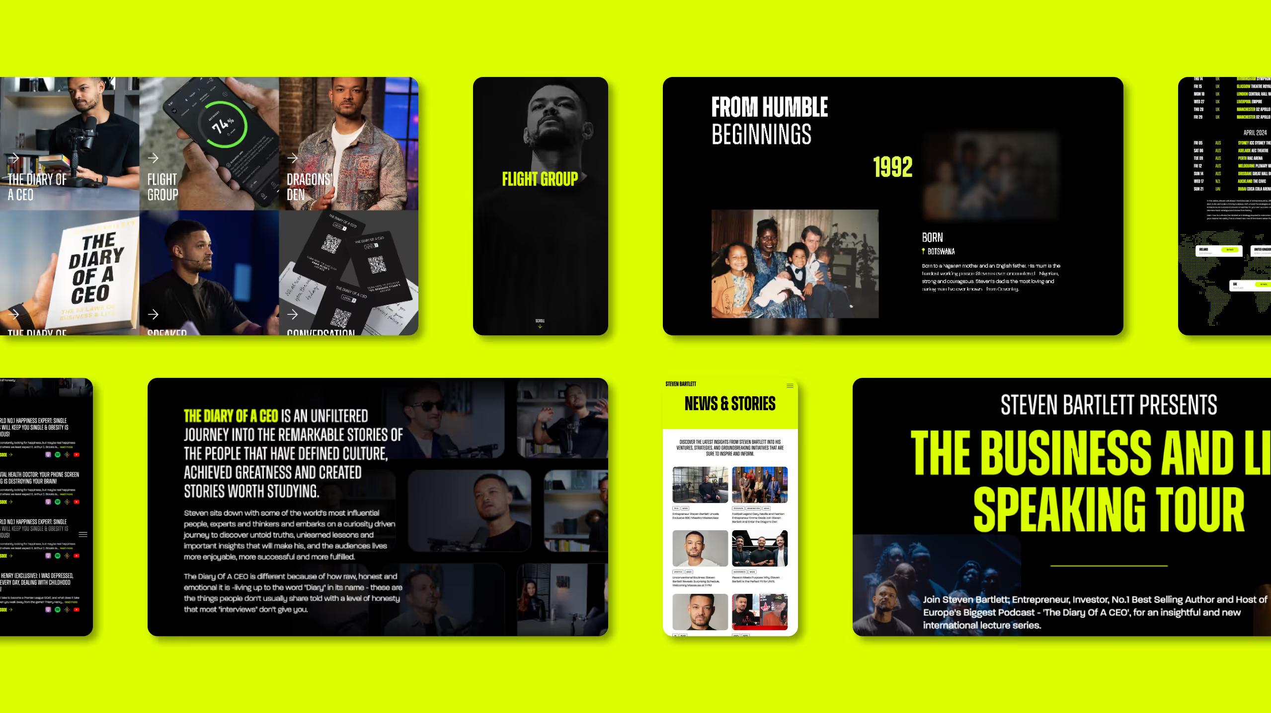 A grid of screenshots of the Steven Bartlett website on desktop and mobile