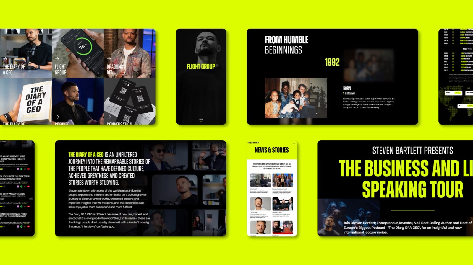 A grid of screenshots of the Steven Bartlett website on desktop and mobile