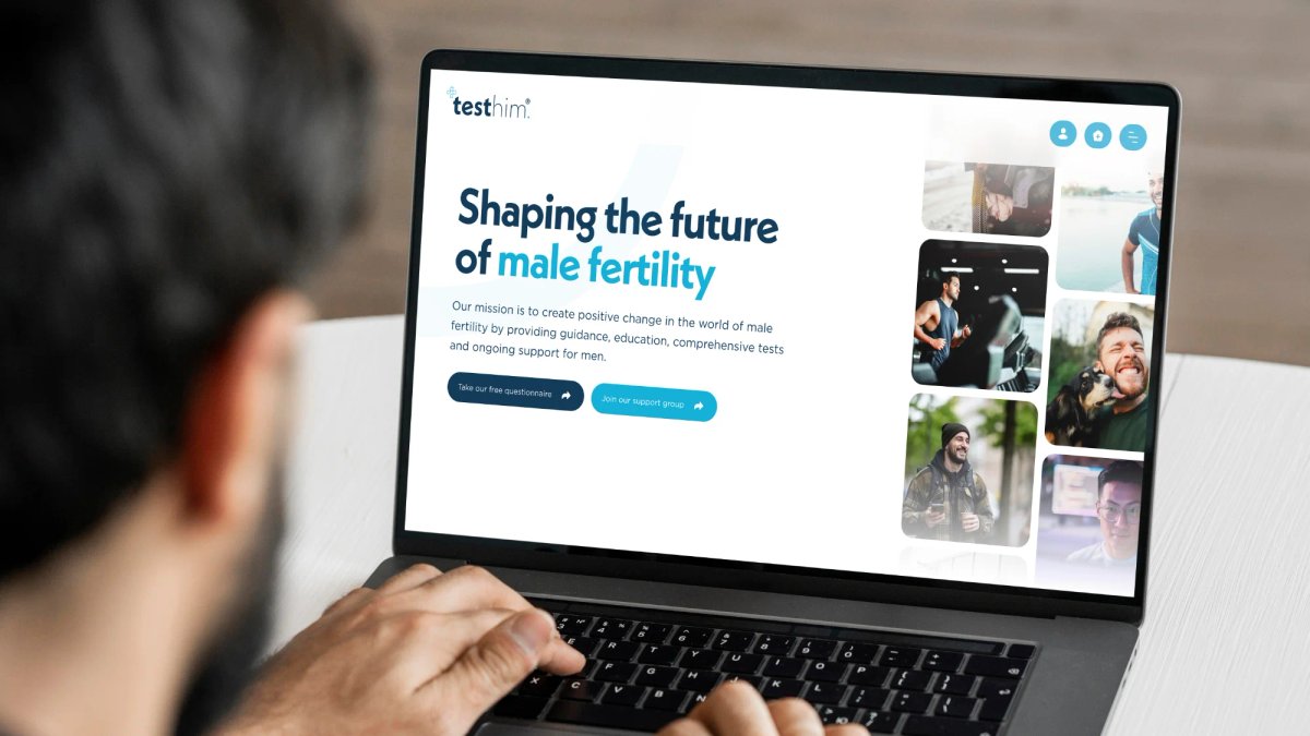 A mockup of the Testhim homepage on a laptop