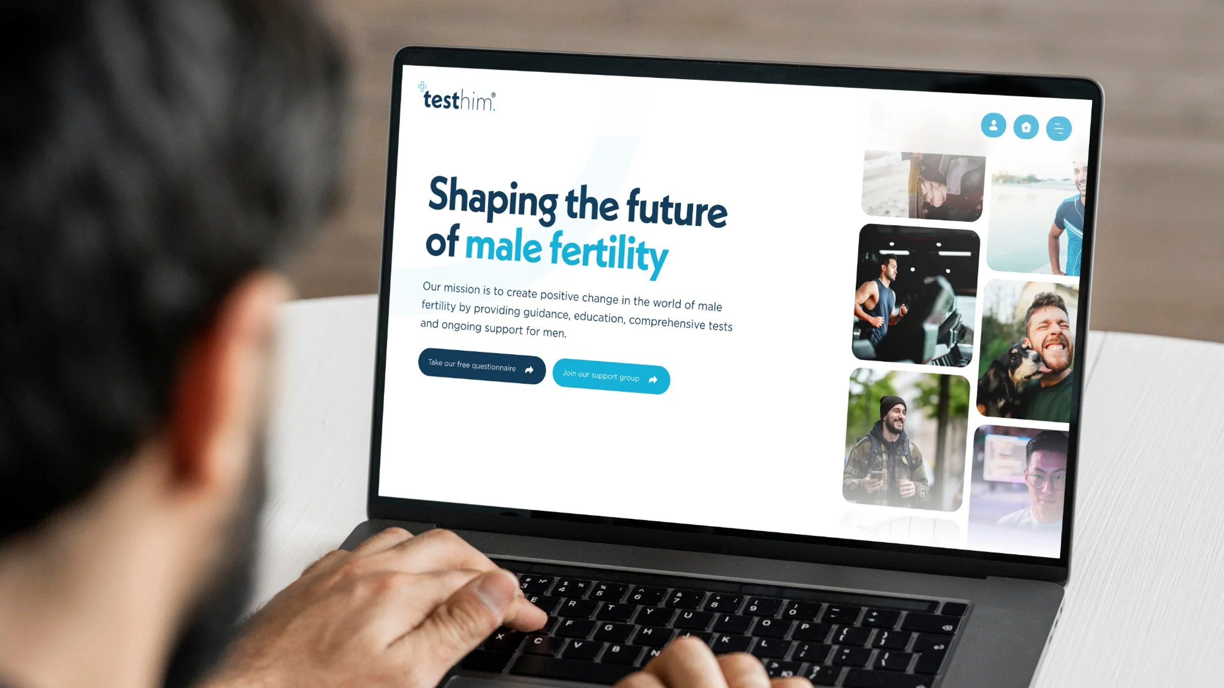 A mockup of the Testhim homepage on a laptop