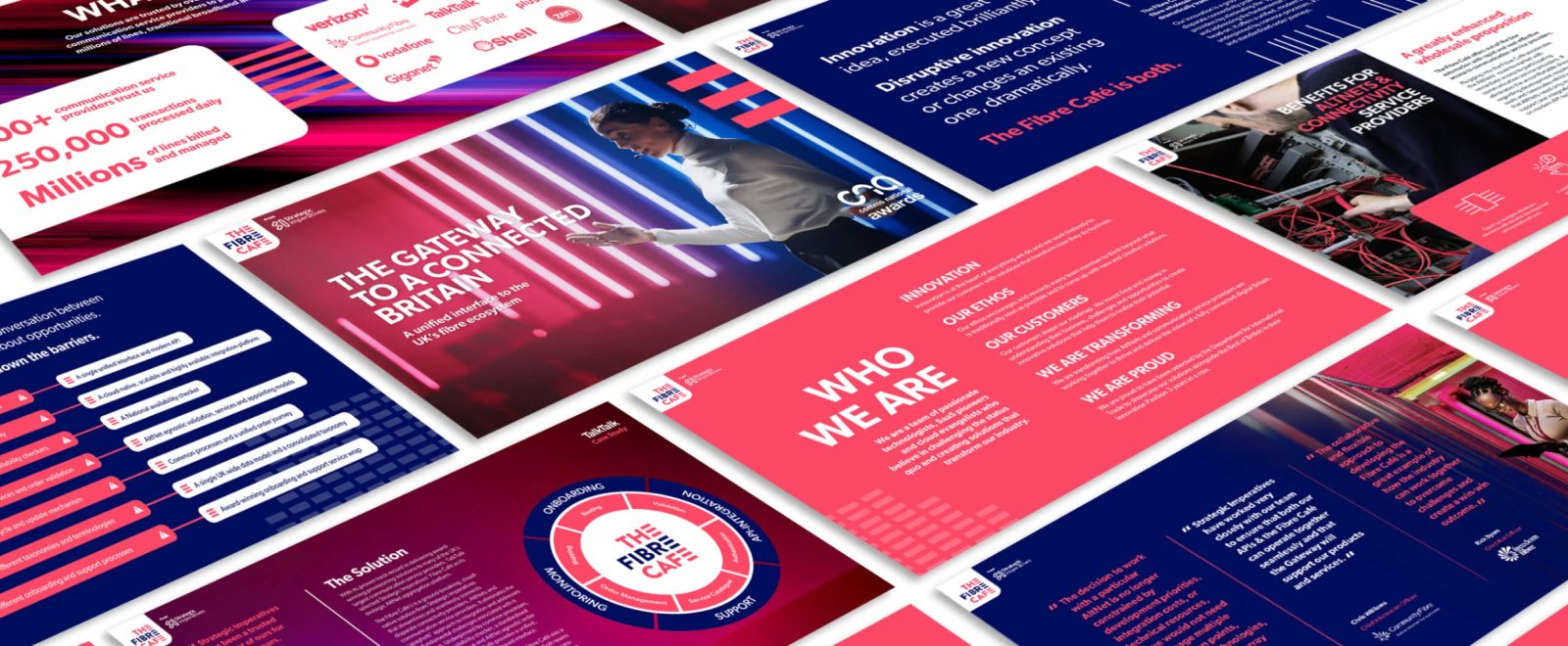 A collage of pages from The Fibre Café's brand guidelines document, showing brand statistics, partner logos, and key messaging