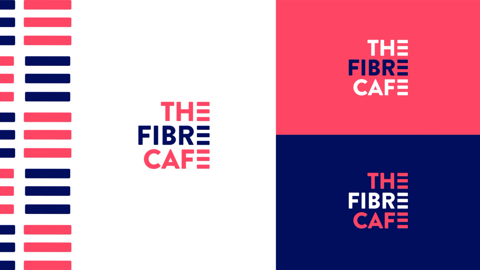 The Fibre Café logo shown in multiple colour variations on white, pink, and navy backgrounds, alongside a striped brand pattern