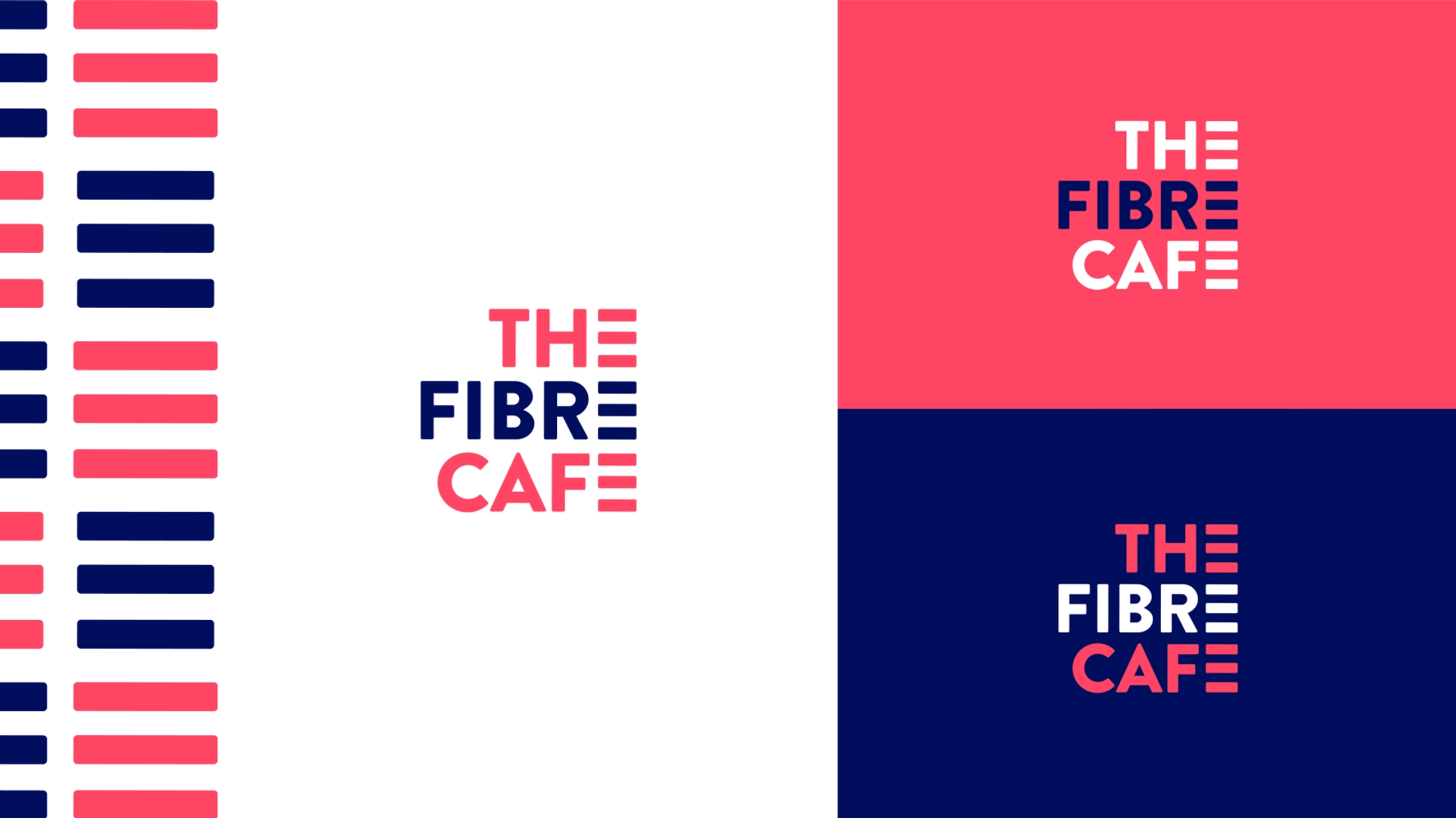 The Fibre Café logo shown in multiple colour variations on white, pink, and navy backgrounds, alongside a striped brand pattern