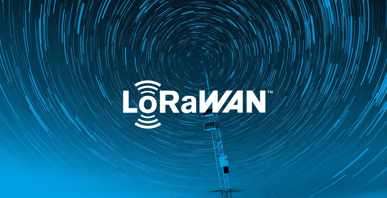 LoRaWAN logo over a long-exposure night sky with circular star trails behind a radio mast
