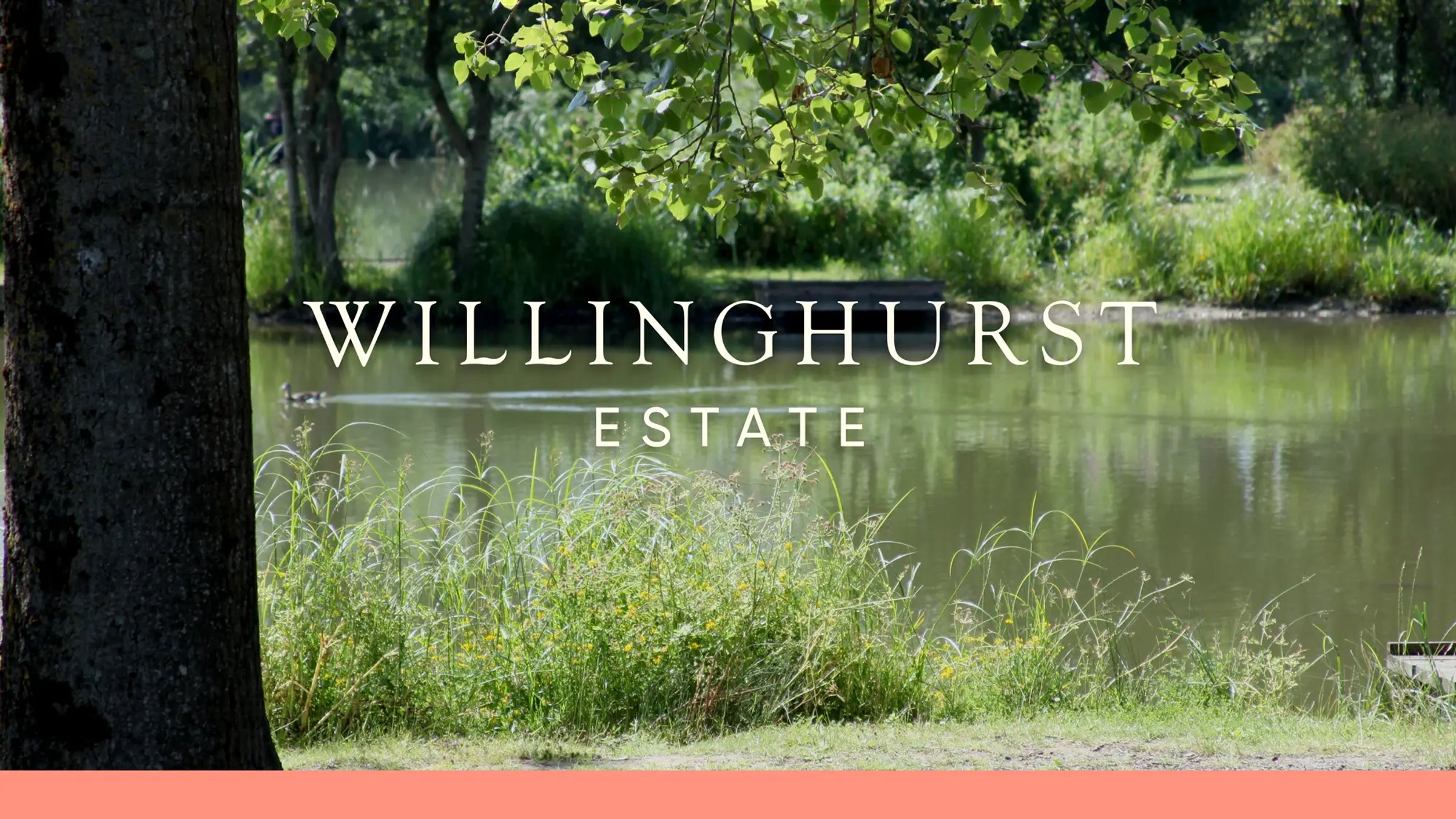 A tranquil a fishing lake with Willinghurst Estate written
