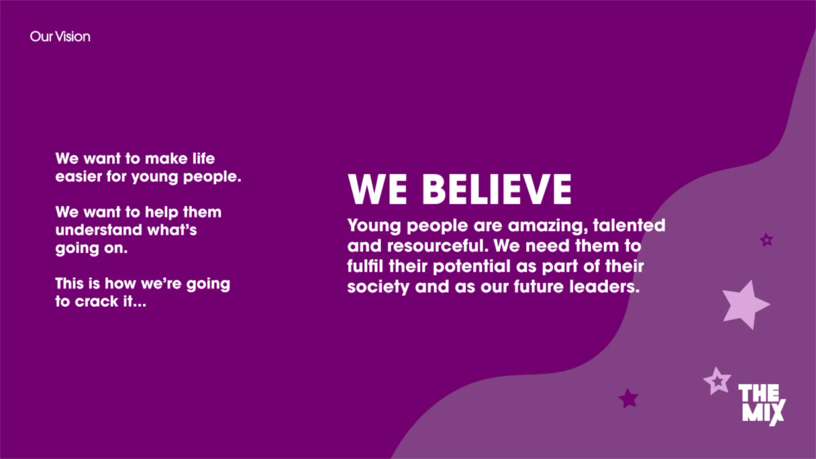 Spread from The Mix's brand guidelines that talks about how they believe in young people. with white bold text on a purple background.