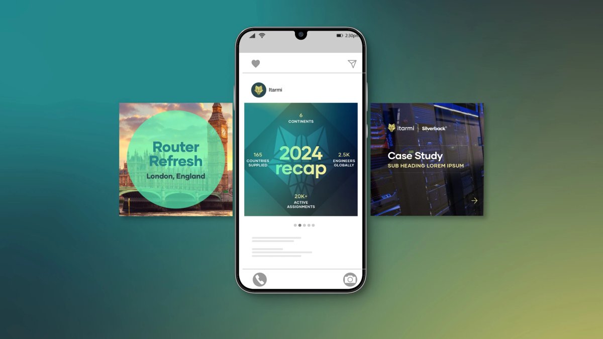 Three Instagram slides on a mobile phone mockup for the Itarmi website
